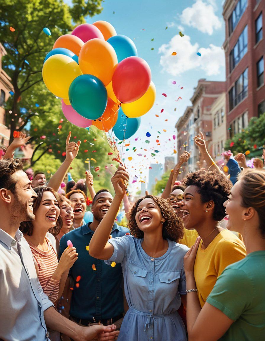 A bright, sunny scene depicting a diverse group of people sharing joyful news, with smiles and laughter lighting up their faces. Colorful balloons and confetti float in the air, symbolizing celebration and positivity. In the background, a vibrant city skyline with green parks and blooming flowers adds to the cheerful atmosphere. The overall composition radiates warmth and happiness, inviting viewers to embrace joy. super-realistic. vibrant colors.