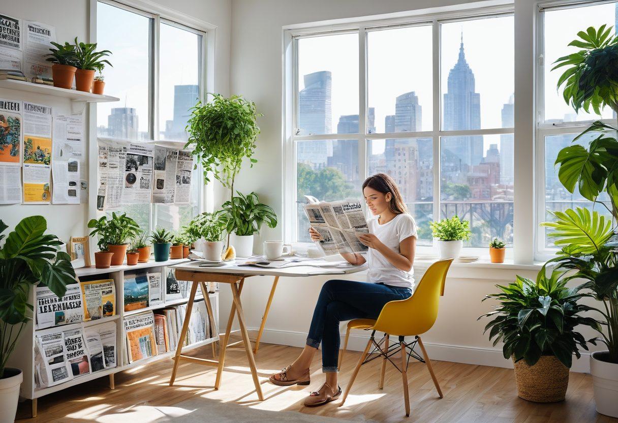 A bright, sunlit workspace with a cheerful person sipping coffee while reading a colorful newspaper full of joyful news headlines. Surrounding the individual are plants and inspiration-filled wall art, suggesting an uplifting atmosphere. A window with a view of a vibrant city skyline enhances the sense of positivity and daily transformation. super-realistic. vibrant colors. white background.