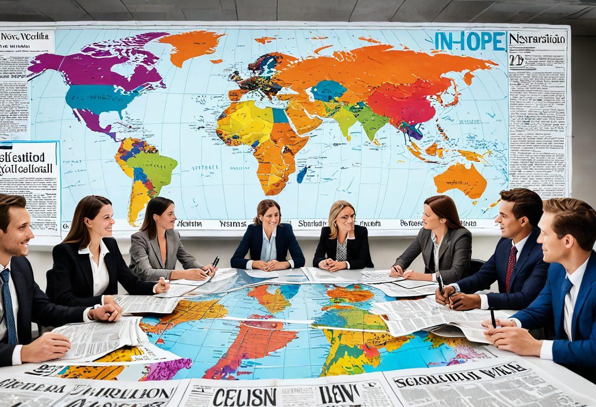 A dynamic newsroom filled with journalists passionately discussing current events, surrounded by vibrant newspaper headlines promoting positivity. In the foreground, a glowing world map symbolizes global connection and understanding, and uplifting visual elements like light bulbs and flowers represent hope. Contrast with an overlay of digital news articles animated around, showing a blend of technology and traditional journalism. super-realistic. vibrant colors. white background.